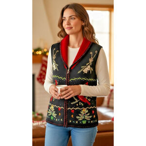 Christmas Holiday Sweater Vest Women’s Size Small Red Cardinals Embellished EUC